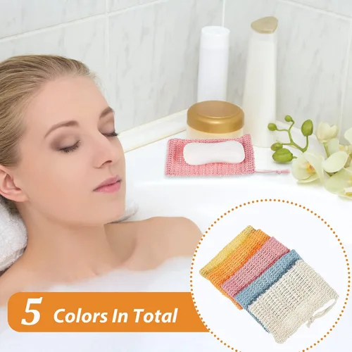 Vista 3 de BBTO Bolsa de jabón exfoliante de lino y algodón para hacer espuma y secar, ducha, depurador (3.5 x 5.5 in, blanco, rosa, azul, amarillo, naranja)