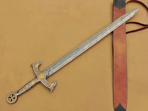 Vista 3 de Espada Templaria medieval hecha a mano, espada larga de Damasco sagrada con funda de cuero