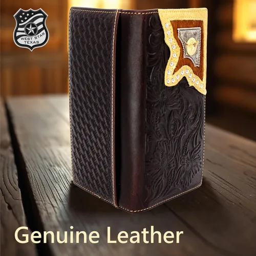Vista 3 de Cartera Western para hombre - Cartera de piel auténtica con incrustaciones y concho (café)