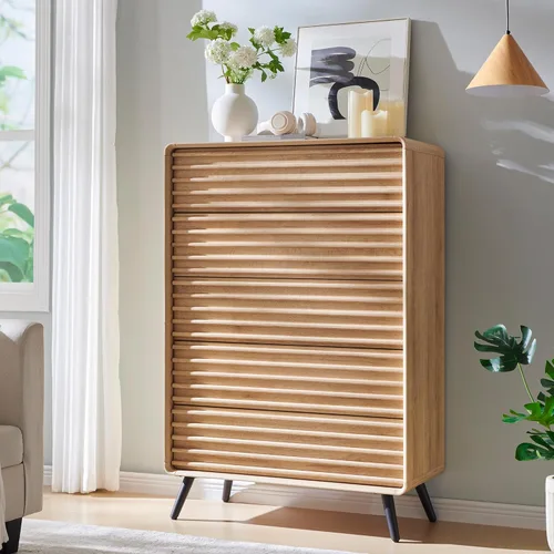 Vista 7 de RedLemon Cómoda de 5 cajones para dormitorio, cómoda de 48'' de altura estilo mediados de siglo con madera estriada, cómoda con cajones con pata