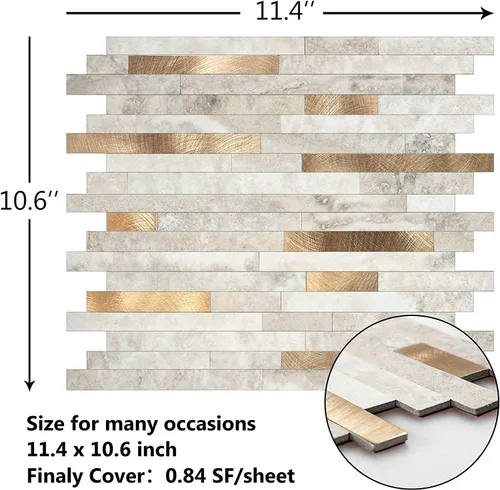Vista 2 de KASARO - Azulejos de 1 hoja para pelar y pegar para salpicaduras de cocina, mármol beige con rayas doradas antiguas, azulejo autoadhesivo