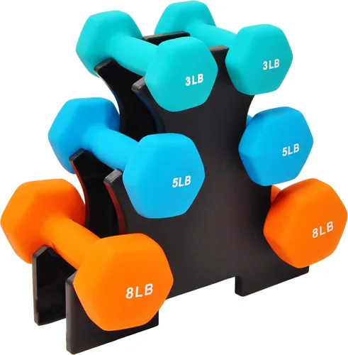 Fitvids Juego de 6 mancuernas de neopreno, pesas de mano, juego con estante: 3/5/8 pares