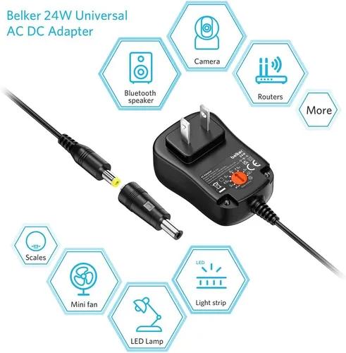 Vista 2 de Belker 24W Multi Voltaje 3V 4.5V 5V 6V 7.5V 9V 12V Universal AC DC Fuente de adaptador de alimentación para electrónica doméstica - Max Amp 2000mA