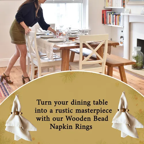 Vista 5 de Juego de 6 servilleteros modernos con cuentas de madera Servilleteros de cena para vacaciones y Navidad, fiesta de cumpleaños y decoración de boda
