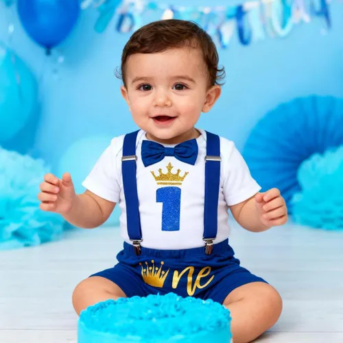 Vista 7 de GRNSHTS Ropa divertida de primer cumpleaños para bebé niño, mameluco con pajarita, mameluco para tartas