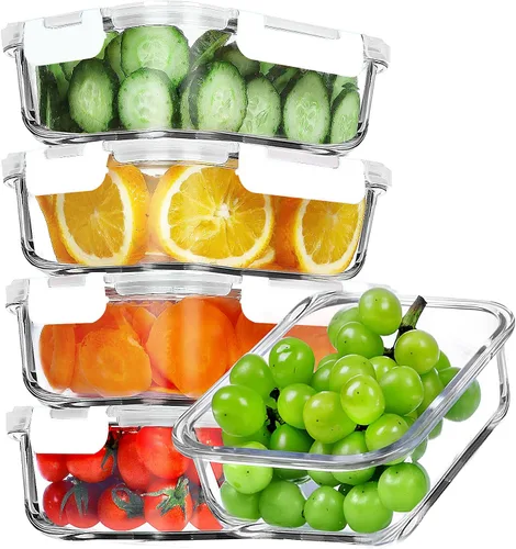 Vista 9 de VERONES Paquete de 5 recipientes de 36 onzas de vidrio para preparar comidas, juego de recipientes de vidrio herméticos para almuerzos, recipientes