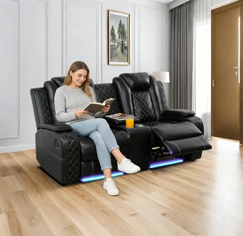 Vista 6 de Juego de sofá reclinable eléctrico con LED, juego de sofá reclinable de cuero, juego de muebles de sala con carga USB