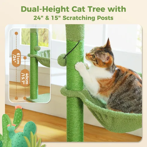 Vista 4 de Árbol para gatos PAWZ Road con forma de cactus, torre para gatos de 33 pulgadas con hamaca grande y suave y poste de rascado de sisal completamente