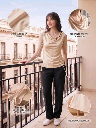 Vista 5 de Blusa sin mangas de seda pura para mujer, con cuello de estilo capucha, de seda de morera, para verano, camiseta tipo tank de seda auténtica Beige