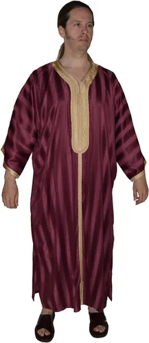 Vestido marroquí para hombre, caftán, hecho a mano, con banda de rodadura bordada, manga larga, color burdeos, Borgoña