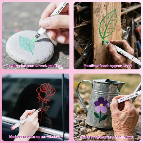 Vista 4 de Dual Tip Brush Markers, 4 Pack Double Ended Acrylic Paint Pens - Permanent Water-Based for Rock Painting, Wood, Metal, Ceramic, Glass, Crafts & Kids