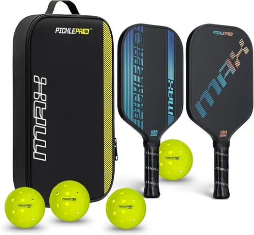 Premium Max Pickleball Paddle Set – 2 paletas termoformadas de fibra de carbono serie Max con superficie CAS, 4 bolas rotacionales para exteriores y
