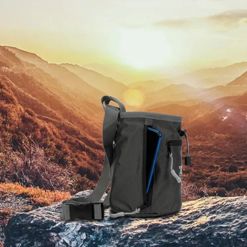 Vista 8 de Bolsa de tiza para escalada en roca, bolsa de tiza de escalada para boulder con 2 grandes bolsillos de almacenamiento con cremallera, bolsa de tiza