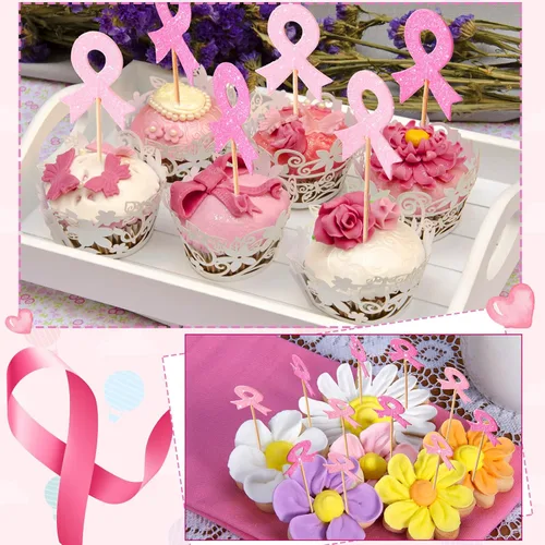 Vista 4 de 100 piezas de decoración para cupcakes de concientización sobre el cáncer de mama con purpurina de doble cara rosa roja rosa cinta rosa rosa