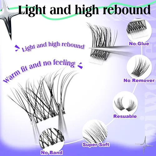 Vista 2 de wiwoseo Pestañas autoadhesivas, banda transparente, no necesita pegamento, racimos de pestañas autoadhesivas, racimos de pestañas prepegadas