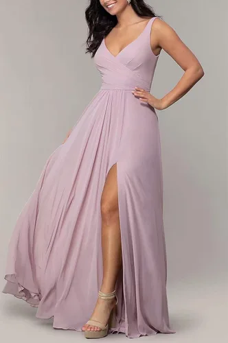 Vista 6 de Vestido largo de dama de honor con cuello en V vestido de gasa acampanado para boda vestido formal con abertura