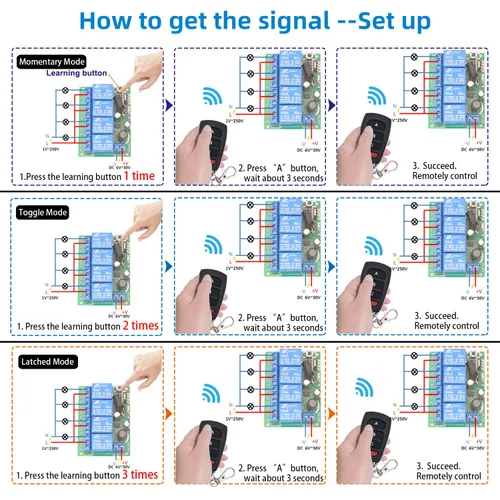 Vista 7 de DieseRC DC 12V 24V 4CH Interruptor de control remoto inalámbrico DC 6-30V 10A 4 canales 433MHz Receptor de relé de radiofrecuencia con 2