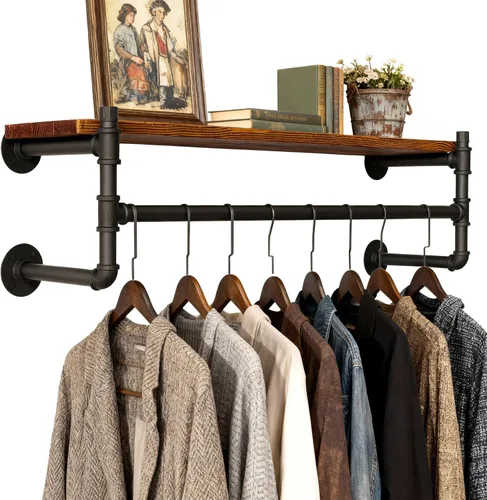 Vista 9 de WEBI Perchero de pared con estante, perchero industrial de 24 pulgadas con estantes, barra de ropa de hierro resistente, barra de ropa de exhibición