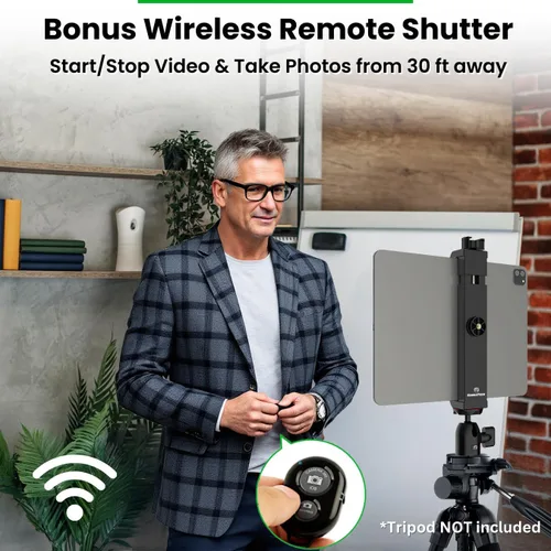 Vista 5 de KobraTech TabMount 360 - Soporte para trípode para iPad Incluye cabeza de bola giratoria y soporte Bluetooth remoto para iPad para trípode