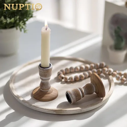 Vista 4 de NUPTIO Portavelas de granja para centro de mesa: juego de 2 candelabros de madera pequeños y 6 candelabros rústicos para el hogar, mesa de comedor