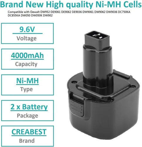 Vista 2 de CREABEST Paquete de 2 baterías de repuesto 9.6V 4000mAh Ni-MH para Dewalt Dw9061 DW926 DC750KA DW955K DW955 DW926K-2 DW926K DW902 DW050 DE9062