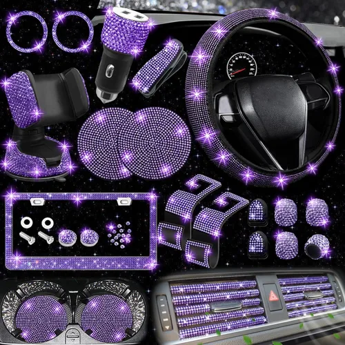 Vista 19 de NBTEPEM - Juego de 27 accesorios brillantes de automóvil para mujer, funda de volante de ajuste universal de 15'', marco para placa, soporte