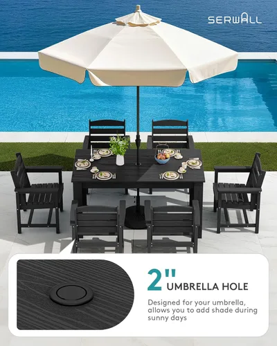 Vista 4 de SERWALL Juego de comedor HDPE para 4, juegos de comedor al aire libre para 4 personas con 1 orificio para sombrilla, mesa rectangular y 4 sillas
