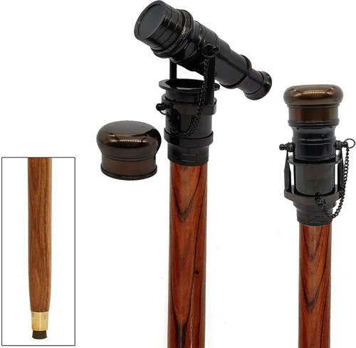 5MOONSUN5 Bastón de madera plegable con mango vintage de latón y cabeza de telescopio victoriano, accesorios steampunk, bastón para hombres y mujeres