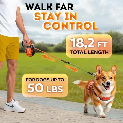 Vista 2 de Correa retráctil para perro de 18.2 pies – Cable a prueba de mordidas incluido – Diseño sin enredos de 360° – Correa reflectante resistente – Agarre