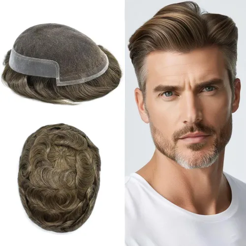 Vista 25 de FACE MIRACLE - Tupé de encaje frontal francés para hombres, postizos, sistemas de reemplazo de cabello humano con PU para hombre, prótesis