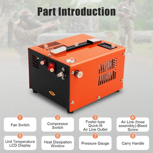 Vista 8 de Compresor de aire PCP 4500 PSI, bomba de aire de alta presión con doble potencia 12V CC y 110V CA, compresor portátil sin aceite para rifles de aire