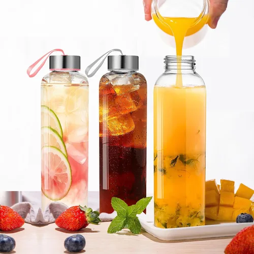 Vista 7 de Juego de 3 botellas de agua de vidrio de 18 onzas, botella de agua reutilizable con tapas, botellas de vidrio de jugo para jugos, a prueba de fugas
