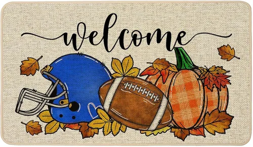 Baccessor Tapete de fútbol de otoño para interiores y exteriores, calabaza, otoño, deportes, día del juego, bienvenida, tapete decorativo de goma