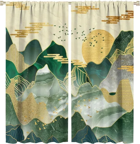 Vista 11 de Cortinas opacas abstractas de bosque y montaña para sala de estar, estilo retro, de mediados de siglo, bohemio, con diseño de mármol, aislamiento