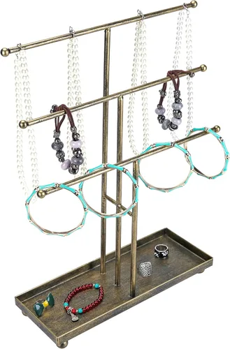 MyGift Moderno organizador de joyas, 3 niveles de latón de metal para mesa, pulsera y collar, almacenamiento de joyas, estante para árbol con