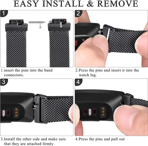 Vista 5 de Vanjua Correa de repuesto de malla metálica de acero inoxidable ajustable para Fitbit Inspire 2 / HR / Fitness Tracker (S, negro)