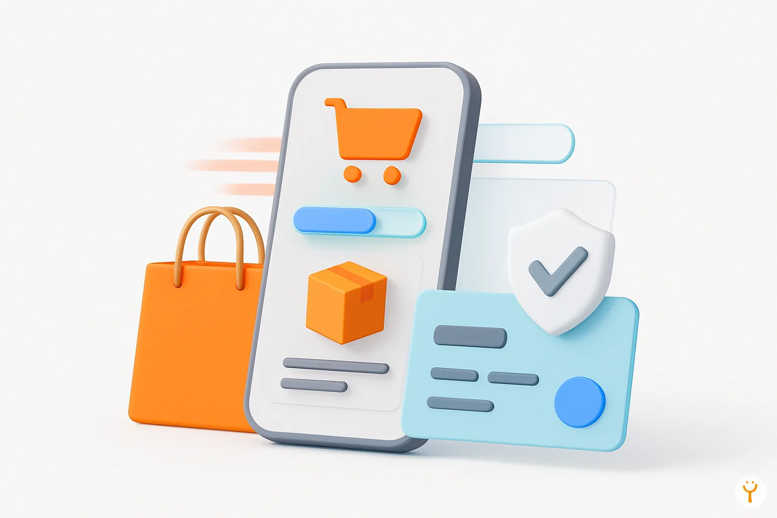 Composición 3D minimalista que representa velocidad y disponibilidad en una tienda en línea